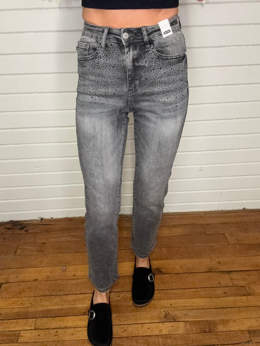 Judy Blue Straight Leg Rhinestone Denim- Washed Grey
