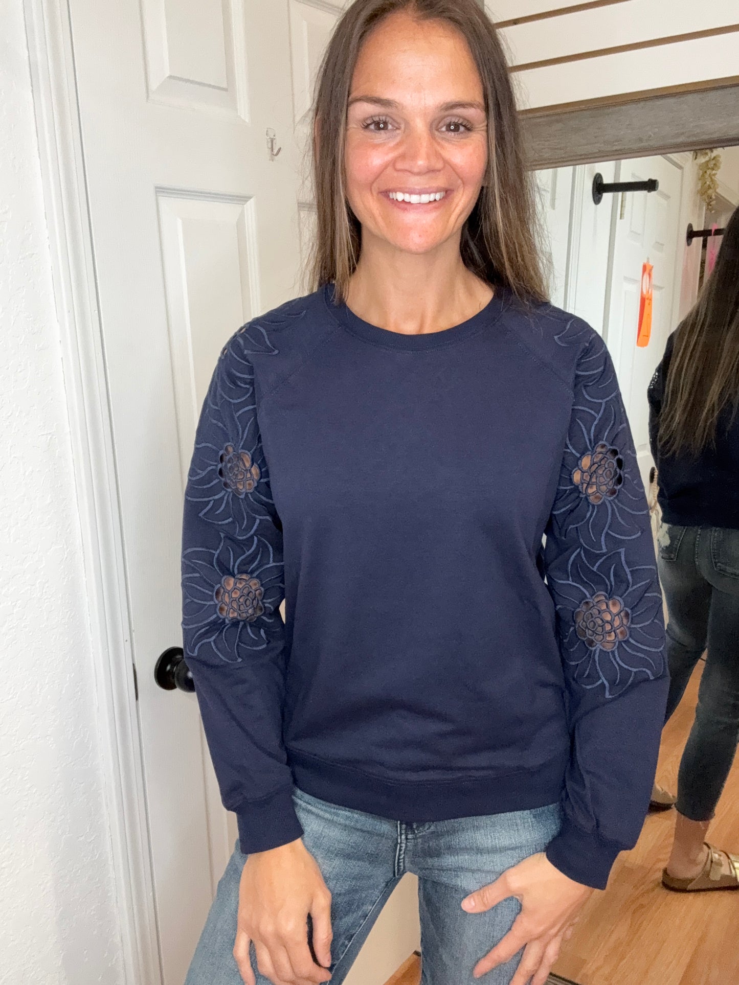 BETH CUT OUT SLEEVE PULLOVER SWEATSHIRT TOP NAVY - PS KATE