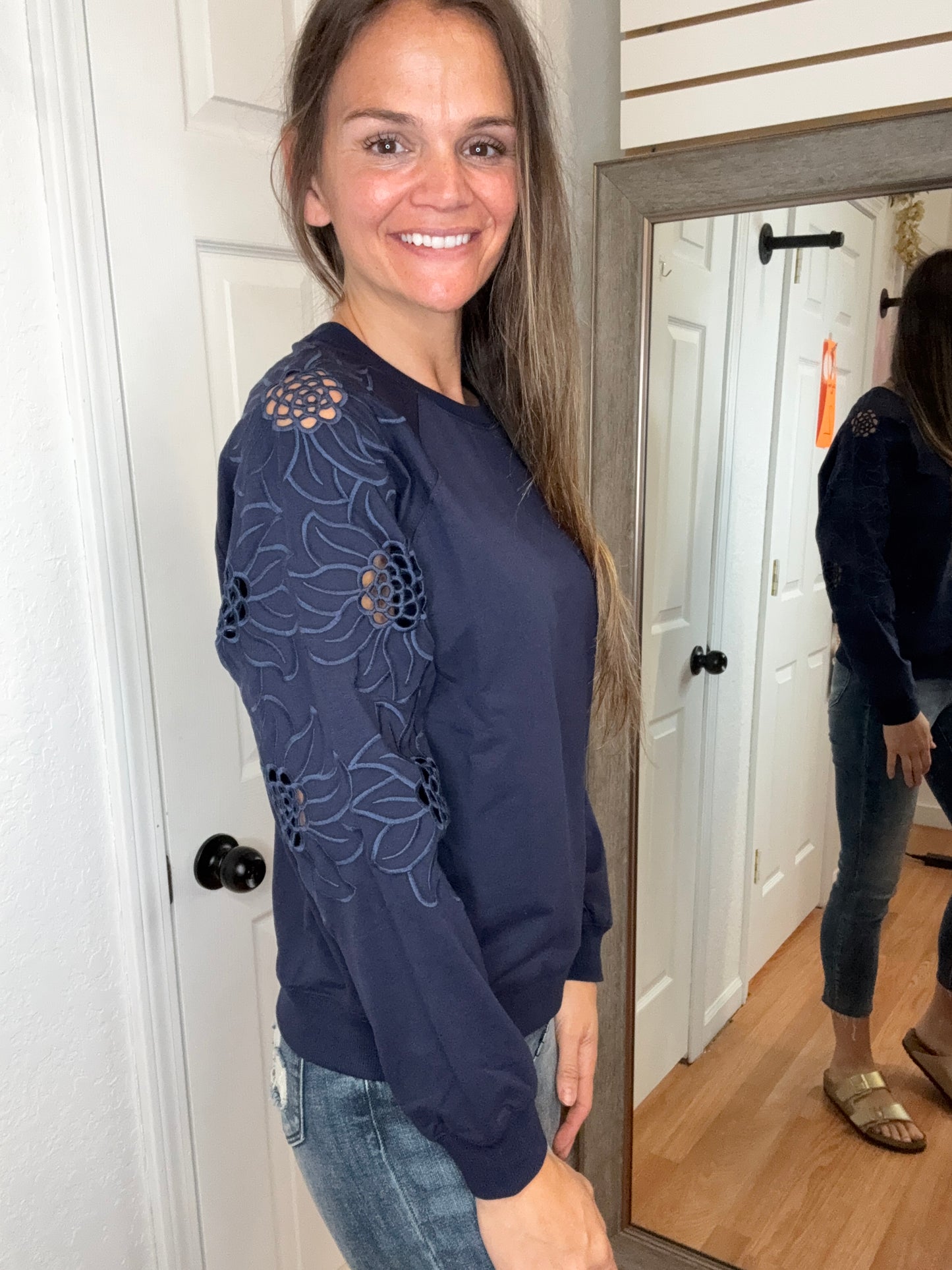 BETH CUT OUT SLEEVE PULLOVER SWEATSHIRT TOP NAVY - PS KATE