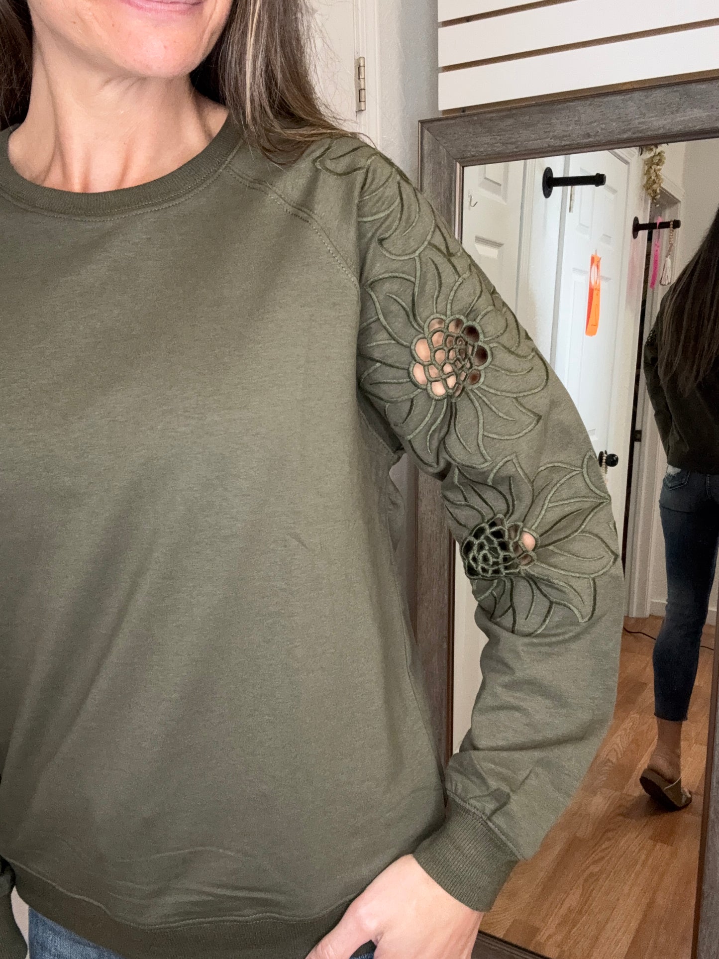 BETH CUT OUT SLEEVE PULLOVER SWEATSHIRT TOP OLIVE - PS KATE
