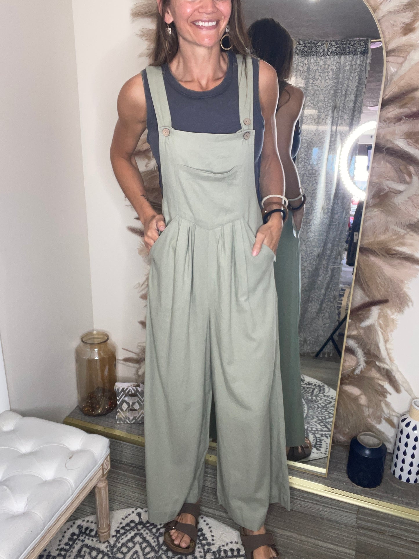 RISEN LINEN WIDE LEG OVERALLS-SAGE