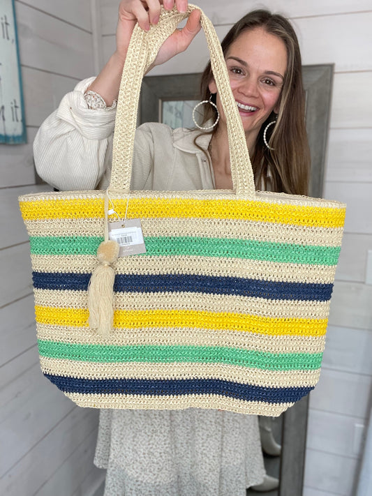 Pom Tassel Multi Color Striped Crochet Tote Bag