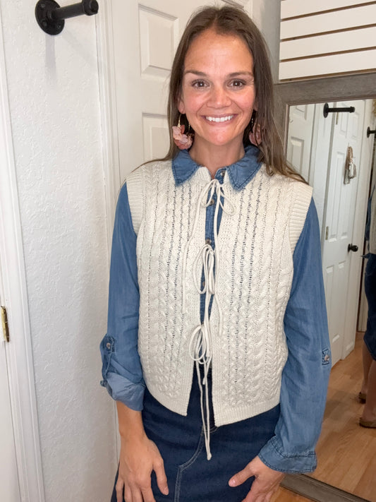 ZEPHYR TIE FRONT KNIT SWEATER VEST OAT - ODDI