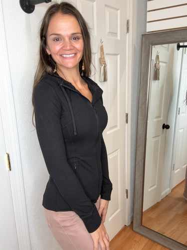 RUN WITH ME FITTED HOODED ATHLEISURE JACKET BLACK- RAE MODE