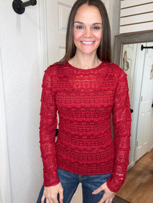 ROSALIE LONG SLEEVE MESH LACE TOP WINE- BLAKELEY