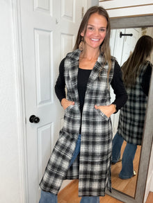 CINDER LONG VEST JACKET PLAID BLACK AND GREY - COZY