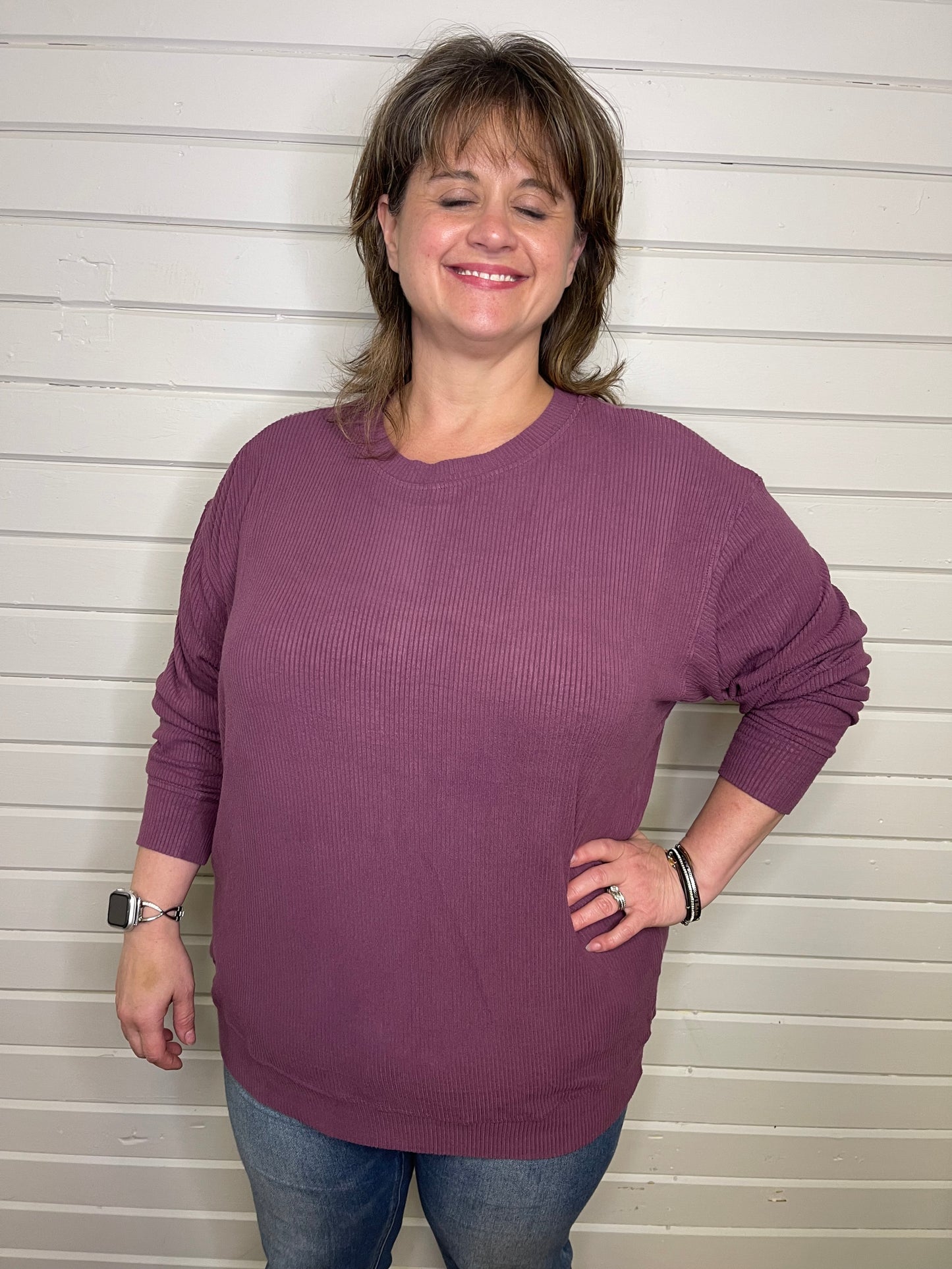 Corrine Ribbed Pullover Top - Plum