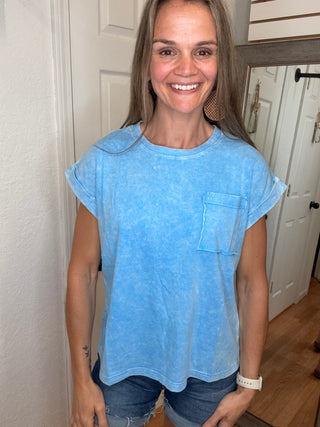 Halo Short Sleeve Top Sky Blue- Zenana