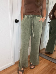 Allie Acid Wash Wide Leg Pants Pants Olive- Zenana