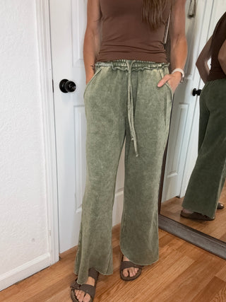 Allie Acid Wash Wide Leg Pants Pants Olive- Zenana