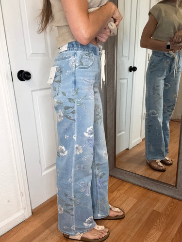 Maisy Wide Leg Floral Printed Denim Jeans-  Lovervet