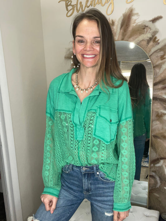 LACE & CROCHET PULL OVER - JUNGLE GREEN