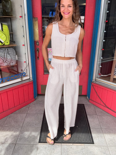 GRACIE CROPPED TANK AND PANT SET- LIGHT KHAKI STRIPE -BLU PEPPER