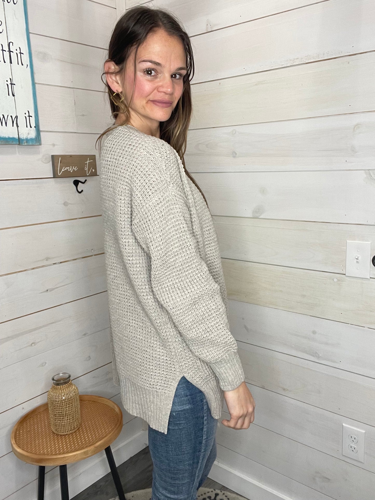 LOW GAUGE WAFFLE OPEN CARDIGAN SWEATER Taupe