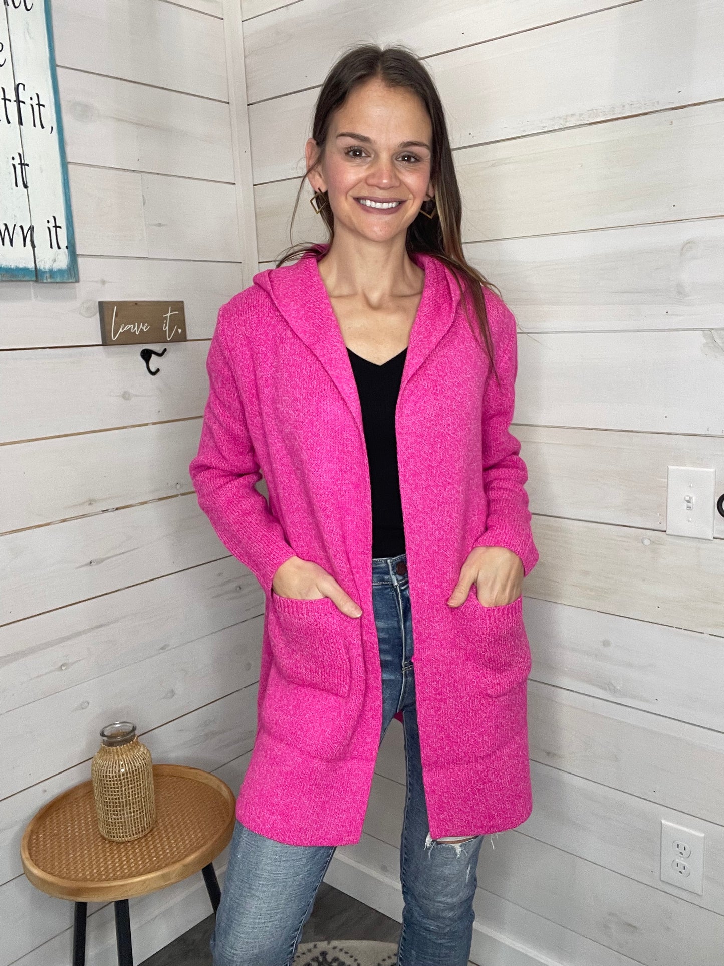 HOODED OPEN FRONT SWEATER CARDIGAN Hot Pink