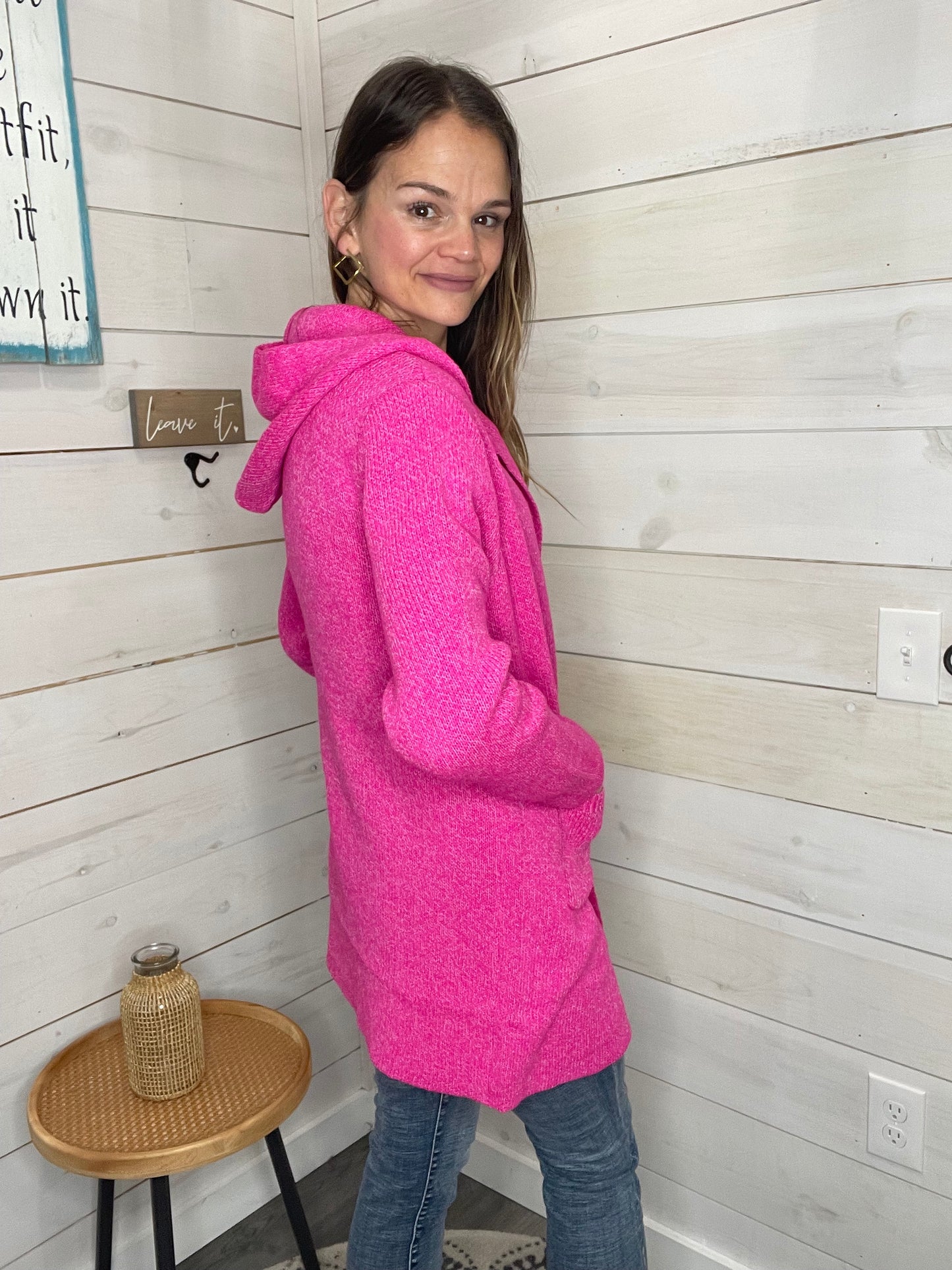 HOODED OPEN FRONT SWEATER CARDIGAN Hot Pink