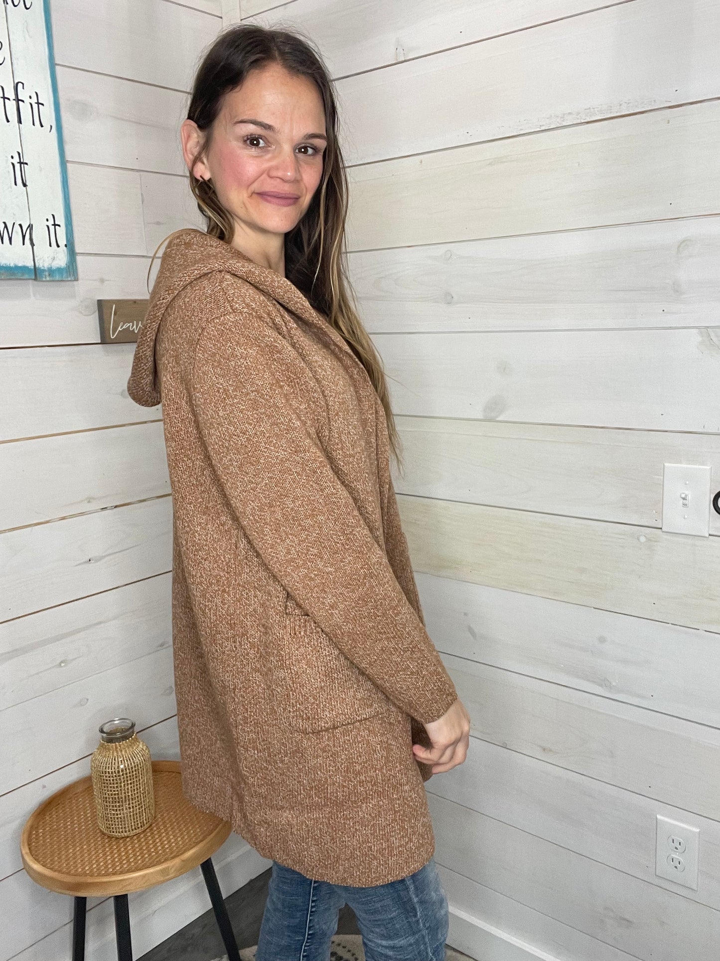 HOODED OPEN FRONT SWEATER CARDIGAN- Camel
