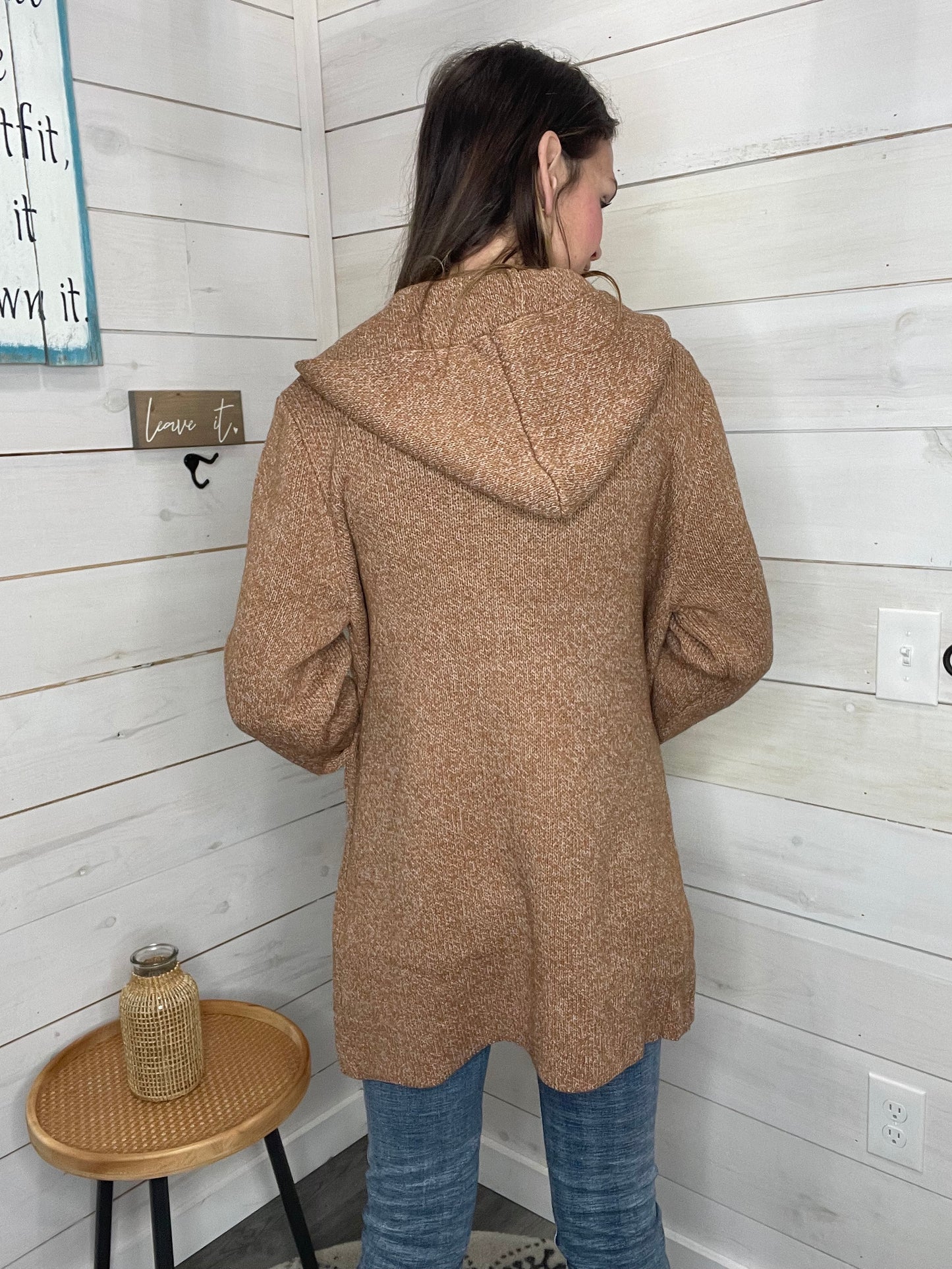 HOODED OPEN FRONT SWEATER CARDIGAN- Camel