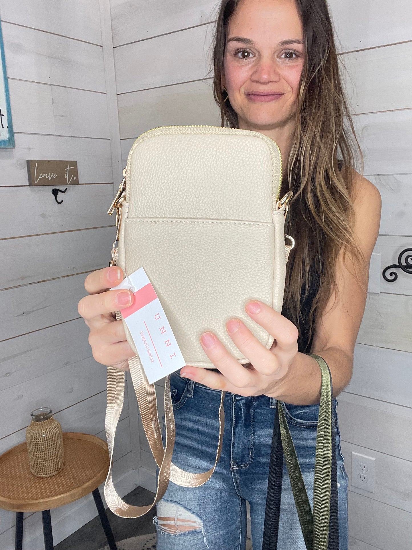 Solid PU Cell Phone Strap Bag Beige
