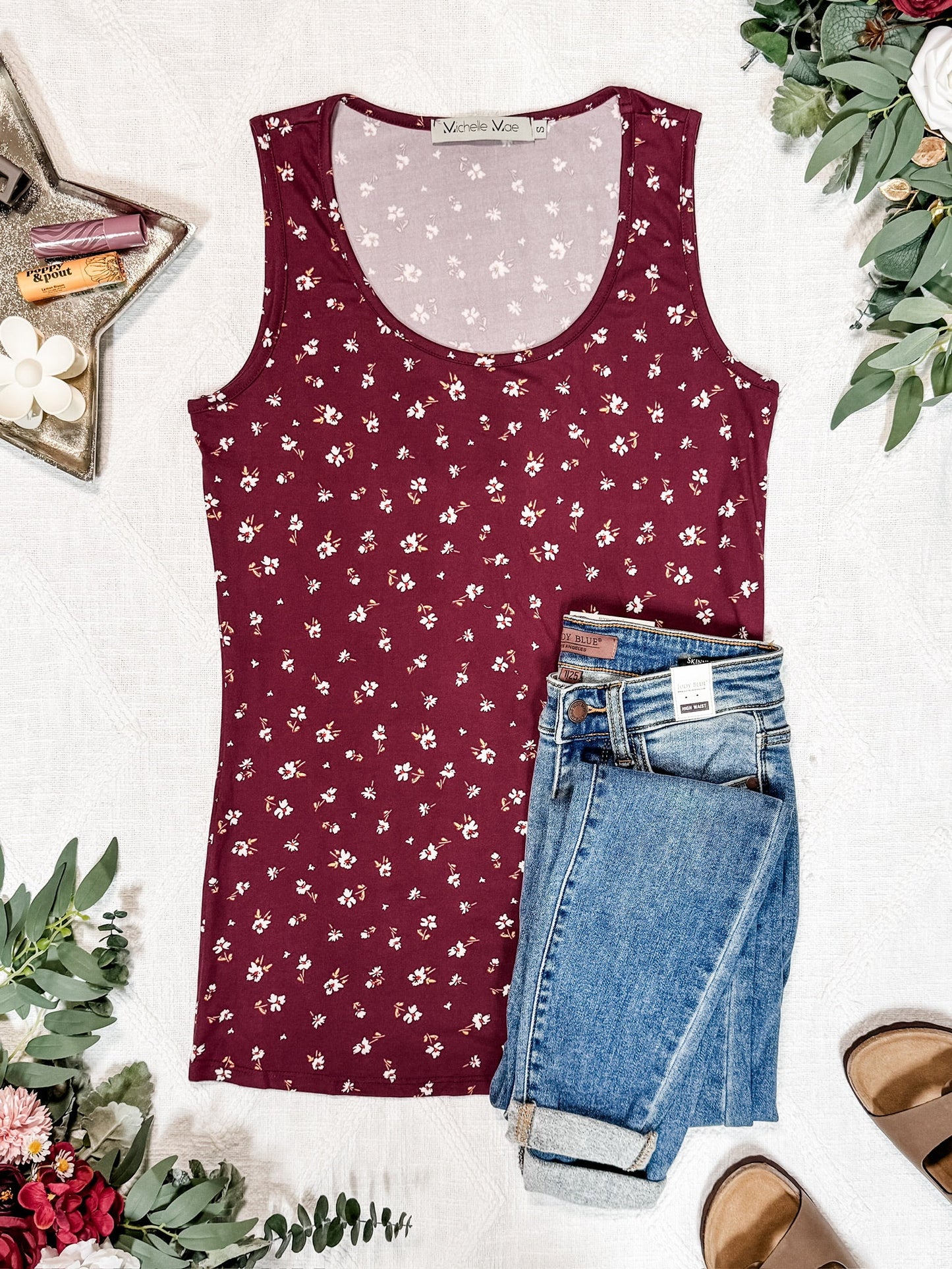 IN STOCK Luxe Crew Tank - Micro Burgundy Floral | Women's Tank Top FINAL SALE