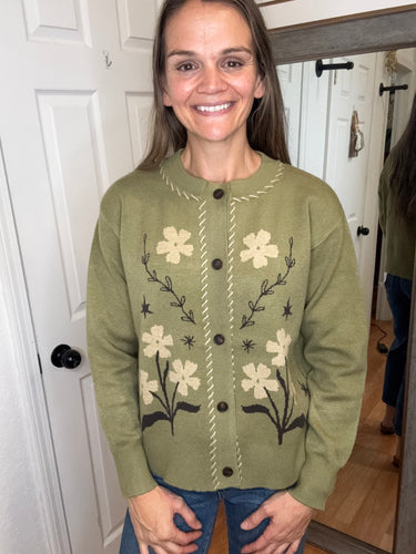 Izzy Flower Cardigan Olive- Staccato