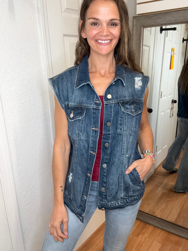 JAZELLE DISTRESSED OVERSIZES DENIM VEST - RISEN