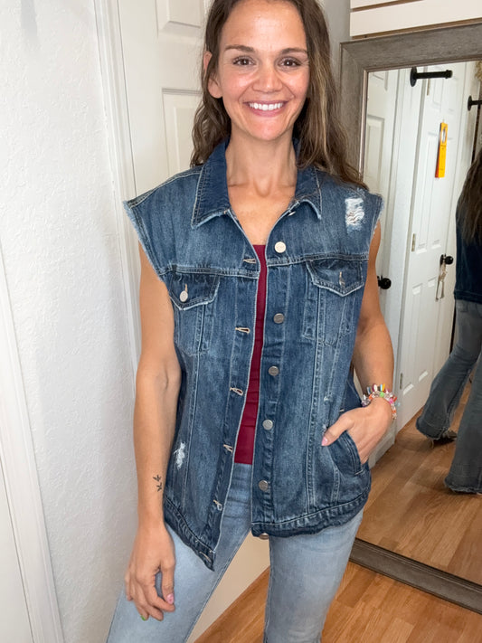 JAZELLE DISTRESSED OVERSIZES DENIM VEST - RISEN