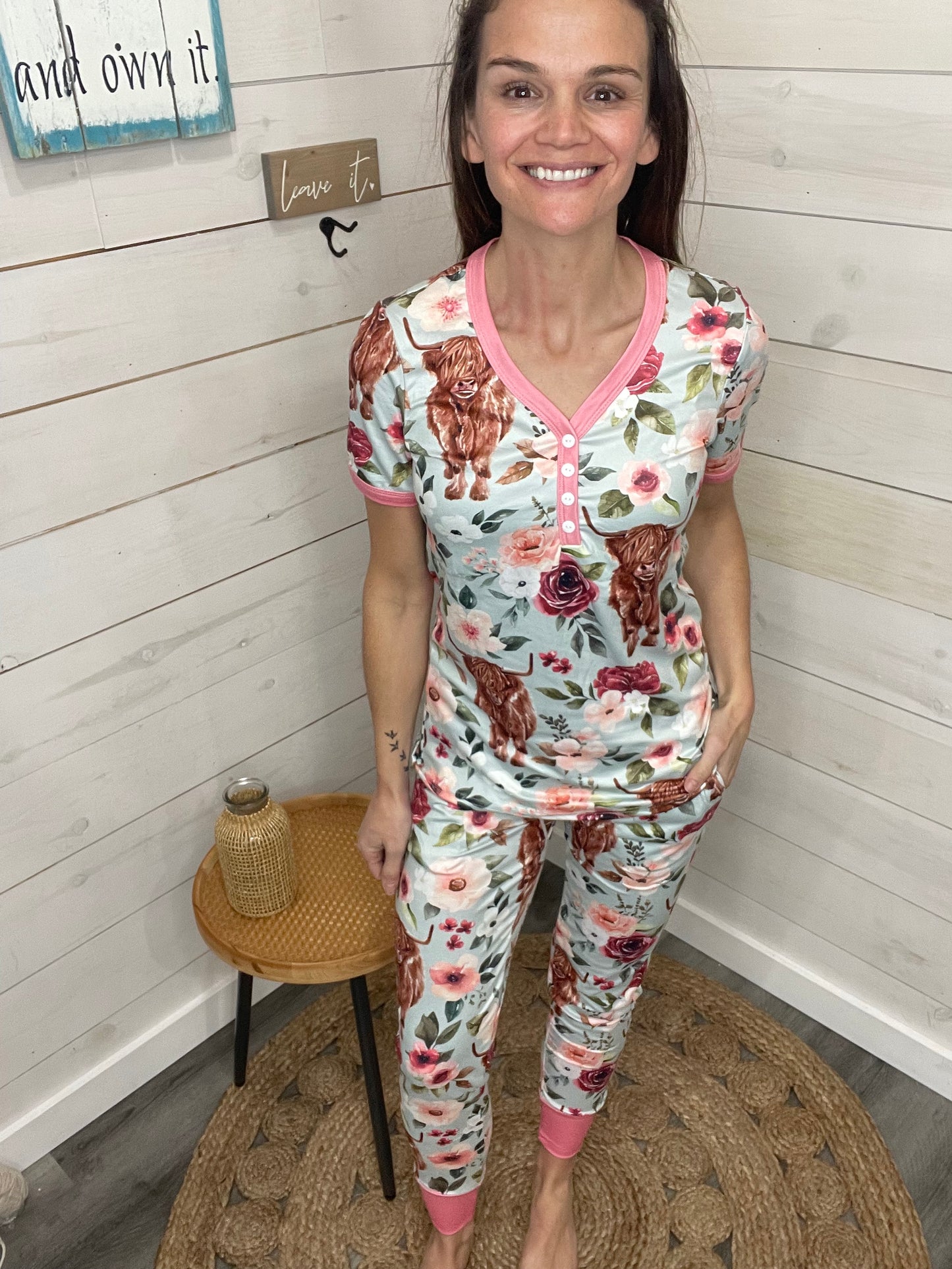 Shirley and Stone Short Sleeve Jogger PJ Set Cow Floral