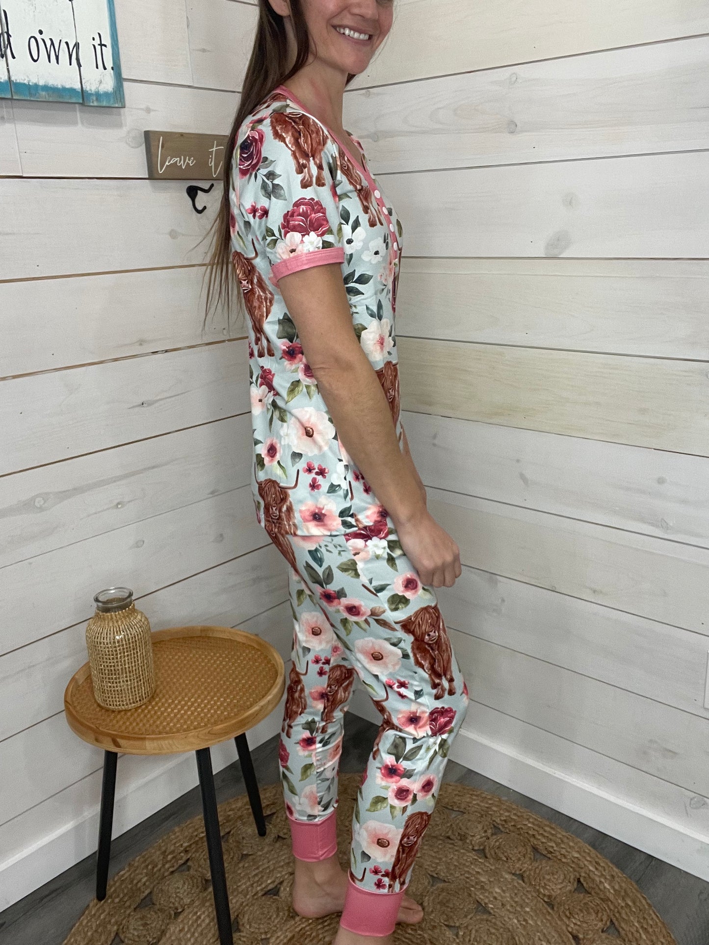 Shirley and Stone Short Sleeve Jogger PJ Set Cow Floral