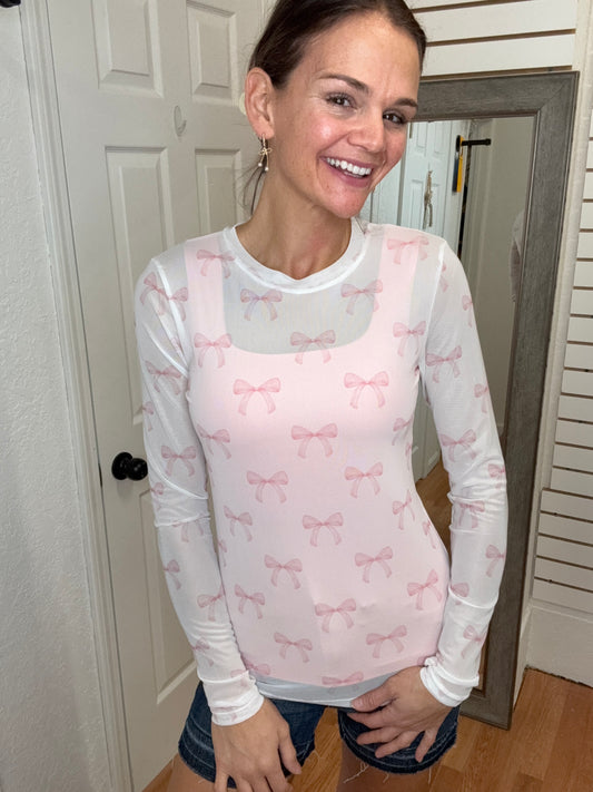 CHRISSA PINK BOW MESH TOP -BLAKELEY