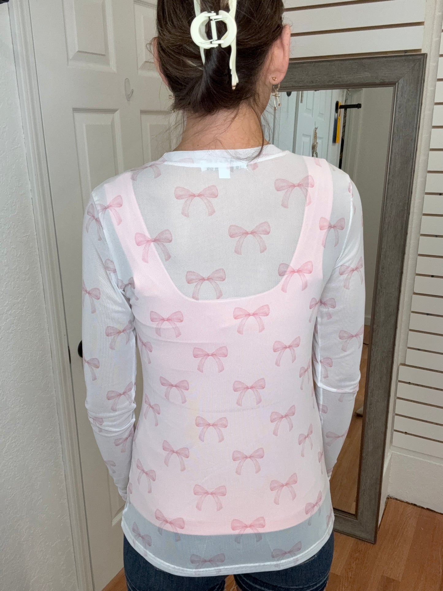 CHRISSA PINK BOW MESH TOP -BLAKELEY