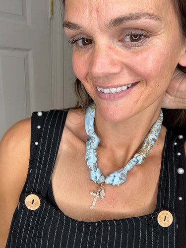 PEARL CROSS SCARF NECKLACE LIGHT BLUE - WHAT’S HOT