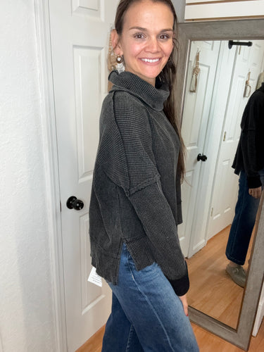 WINIFRED WAFFLE KNIT COWL NECK SWEATER BLACK- DAVI & DANI