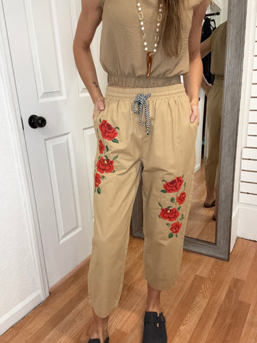 FERN EMBROIDERED STRAIGHT LEG PANTS-ODDI