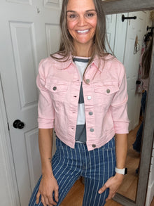 Petal Half Sleeve Denim Jacket Pink- Risen
