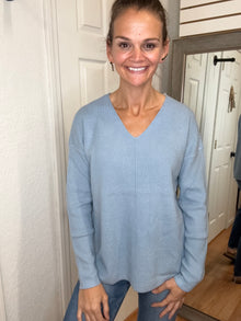 WILMA WAFFLE KNIT V-NECK SWEATER TOP LT BLUE - STACCATO