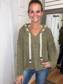CRYSTAL CHENILLE HOODED SWEATER TOP OLIVE- POL