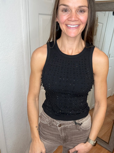 CLAUDIA RHINESTONE AND PEARL SLEEVELESS TANK TOP BLACK - WHITE BIRCH