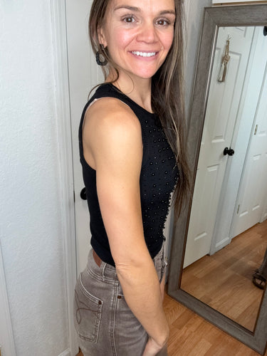CLAUDIA RHINESTONE AND PEARL SLEEVELESS TANK TOP BLACK - WHITE BIRCH