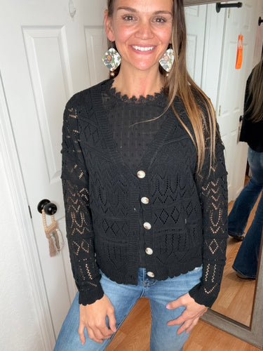 SARAH OPEN KNIT CARDIGAN - BLACK- WHITE BIRCH