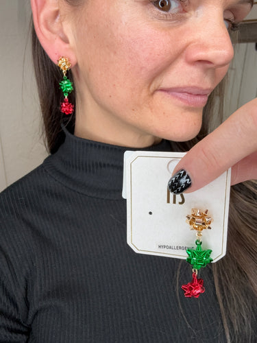 RED GREEN AND GOLD CHRISTMAS BOW EARRINGS