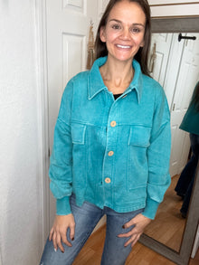 ALLISON FRENCH TERRY CROPPED SHACKET TEAL - ZENANA