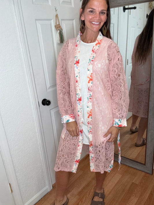 WILLOW LACE LONG SLEEVE COVER UP TOP PINK - POL