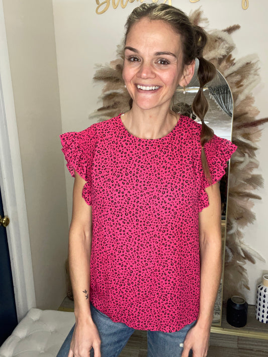 LEOPARD WOVEN TOP WITH BACK NECK BUTTON- Hot Pink