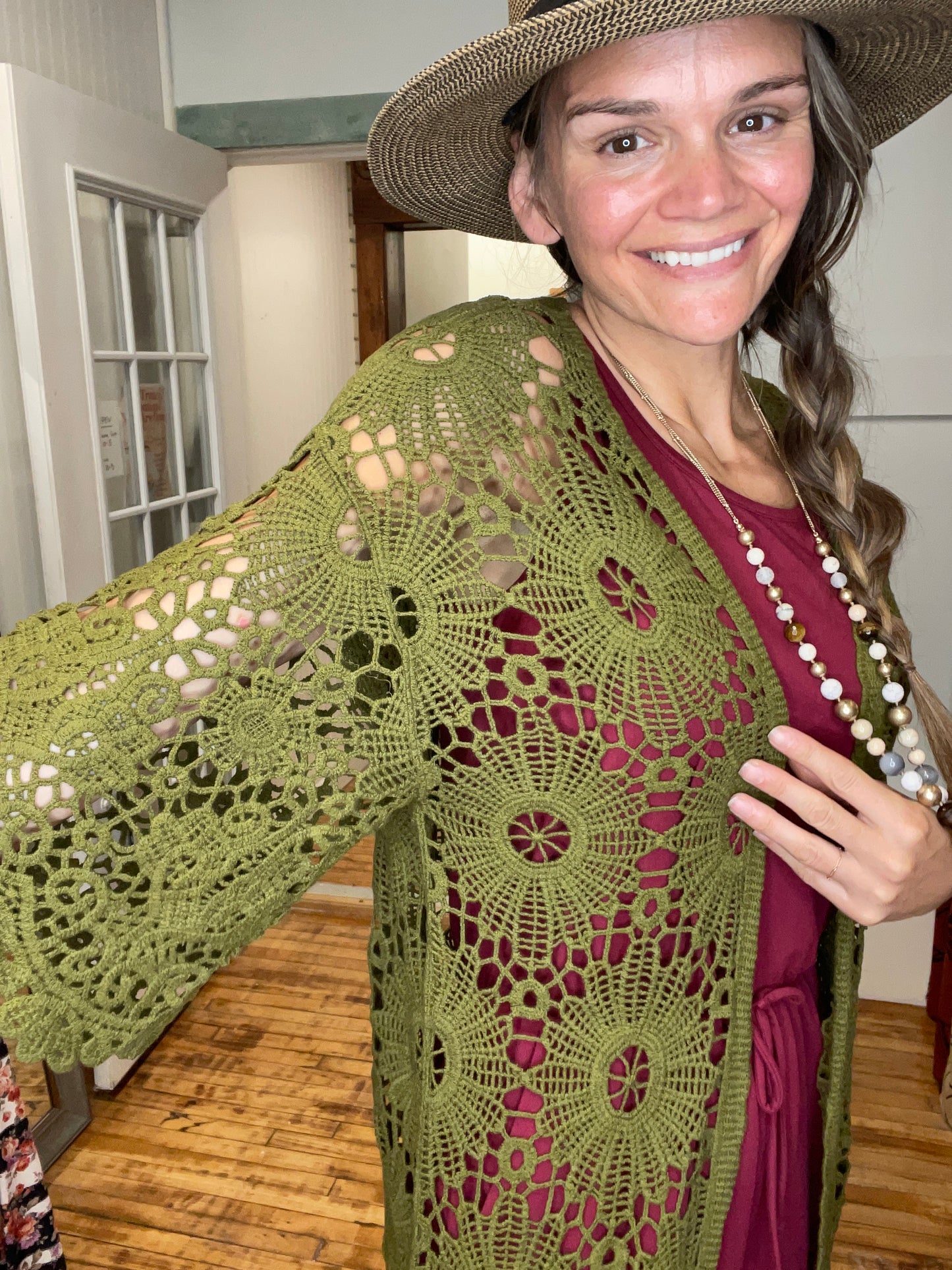 Crochet Solid Color Cardigan-Olive