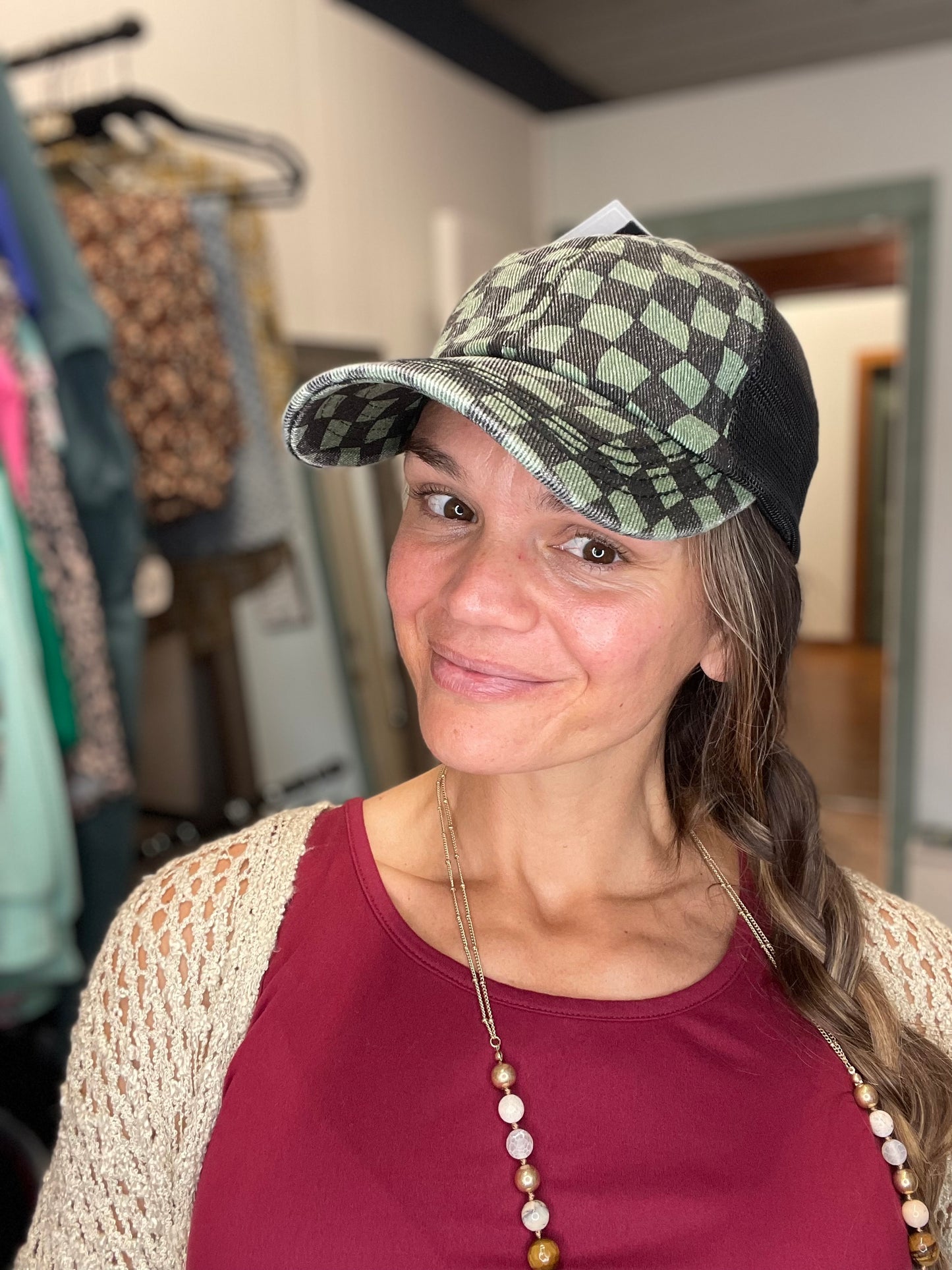 C.C Checkered pattern criss cross back cap-olive