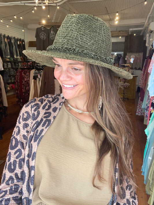 Chenille Fedora Hat - Olive