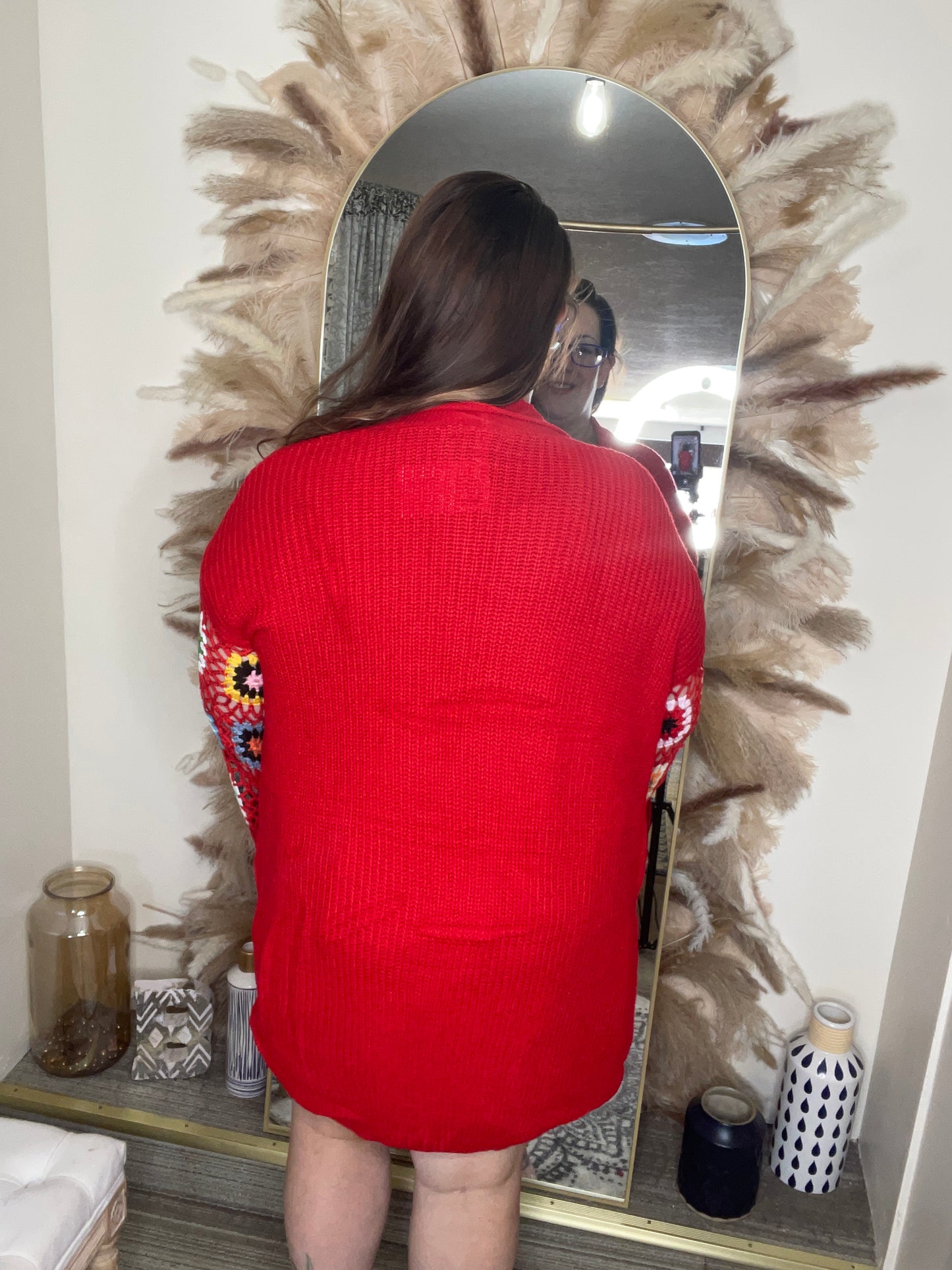 CROCHET SLEEVE CARDIGAN-RED