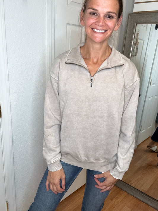 BAILEY COLLARED HALF ZIP PULLOVER SWEATSHIRT ASH MOCHA - ZENANA