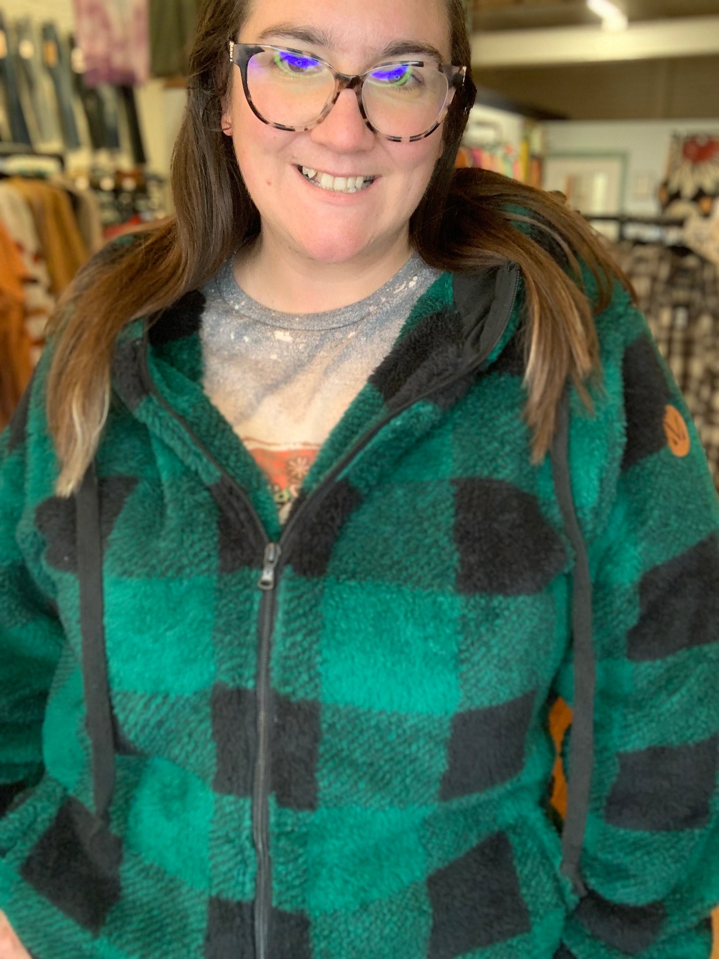 Erika - Sherpa Fullzip Hoodie - Green Plaid